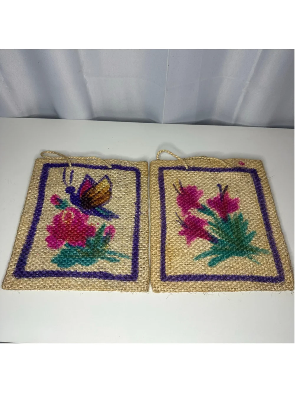 Vintage Set of 2 Hand Woven Bags with Colorful Floral & Butterfly Design